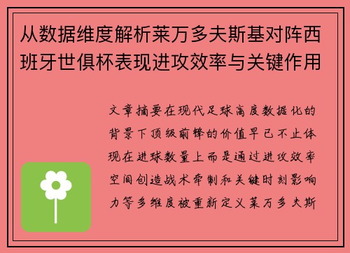 从数据维度解析莱万多夫斯基对阵西班牙世俱杯表现进攻效率与关键作用